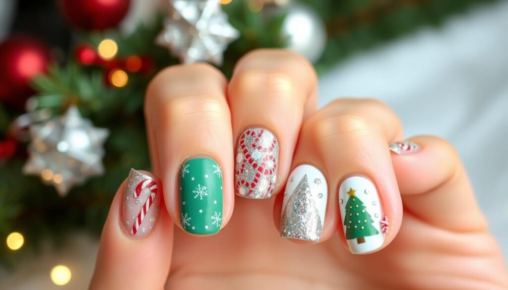 Christmas Nail Art Techniques Light blue nails with white snowflake designs and glitter accents.
