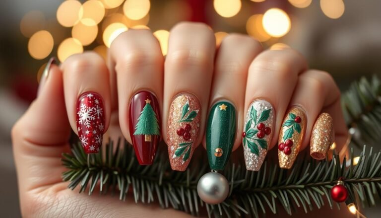 Red and white Christmas nail art with candy cane stripes and snowflake accents.