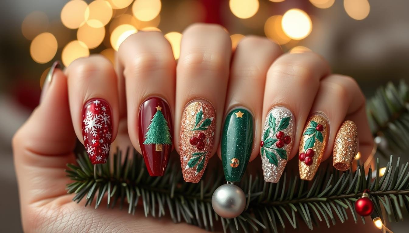 Red and white Christmas nail art with candy cane stripes and snowflake accents.