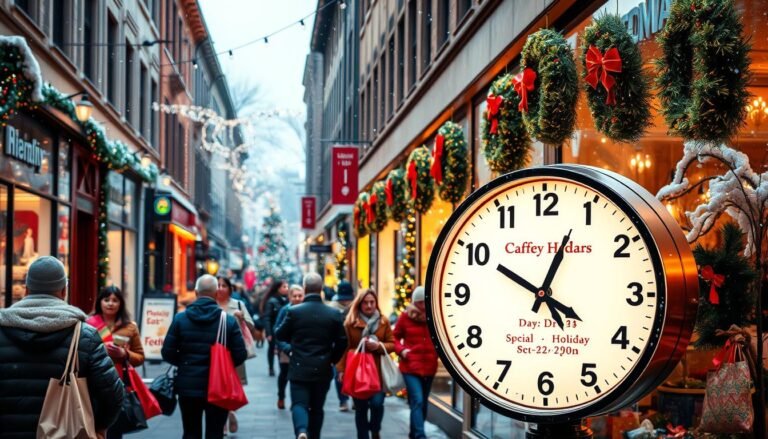 Festive store with Christmas decorations, lights, and an 'Open' sign displayed on the door