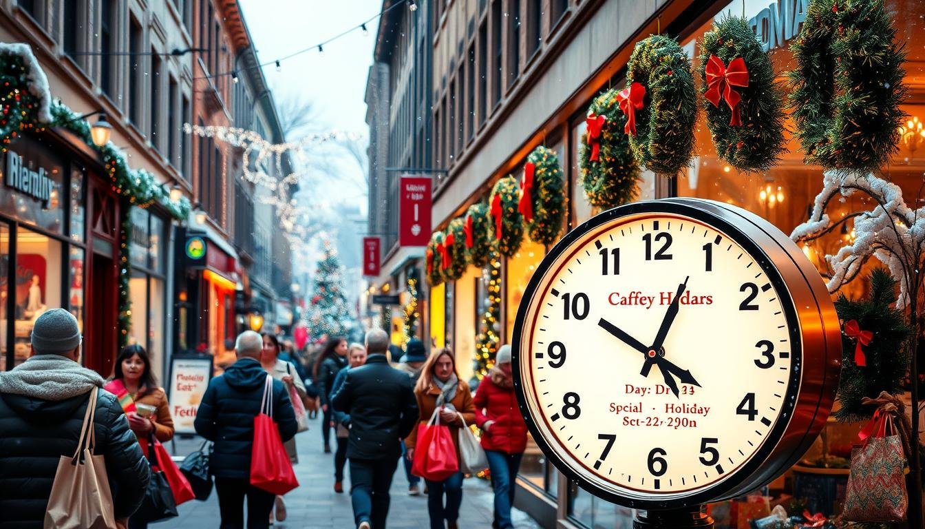 Festive store with Christmas decorations, lights, and an 'Open' sign displayed on the door