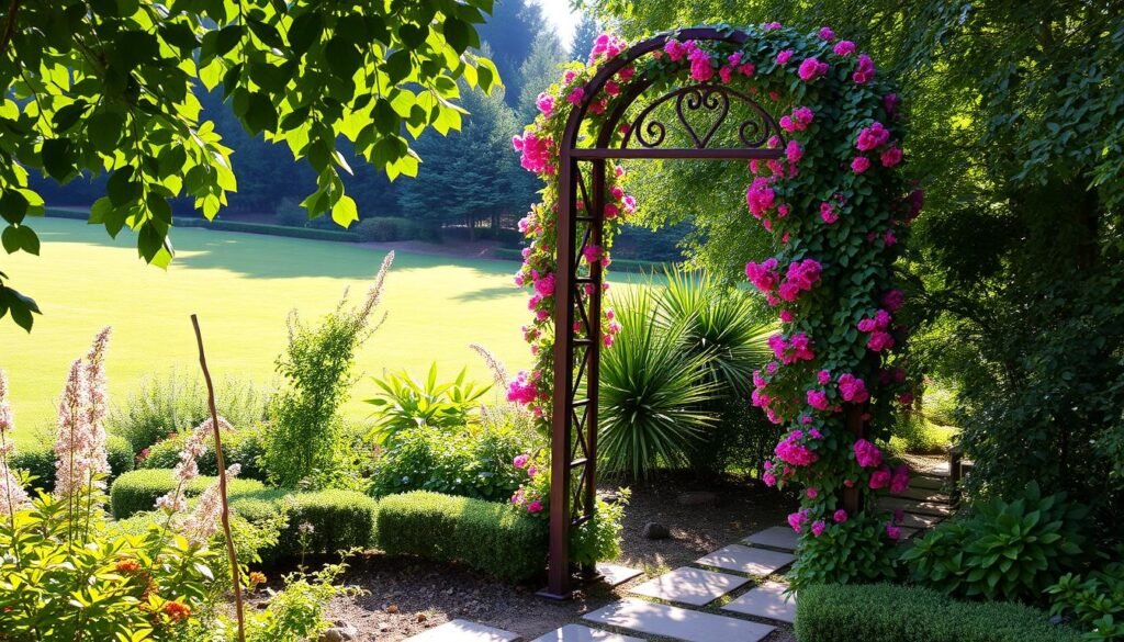 Decorative Garden Trellis in Landscape Handmade bamboo garden trellis supporting green bean plants.