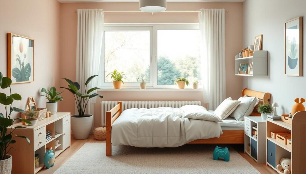 Feng Shui Children's Room Design A serene and well-organized child’s bedroom styled with Feng Shui — featuring soft pastel colors, natural light, and thoughtfully placed furniture to encourage harmony and growth