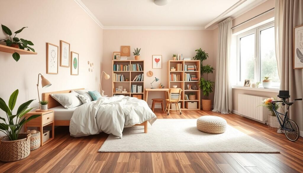 Feng Shui Children's Room Layout A playful kids’ room with pastel colors, minimal clutter, and a cozy reading nook designed for emotional balance and creativity.