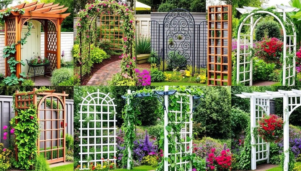 Garden Trellis Design Ideas Black metal garden trellis with blooming clematis in a modern yard.