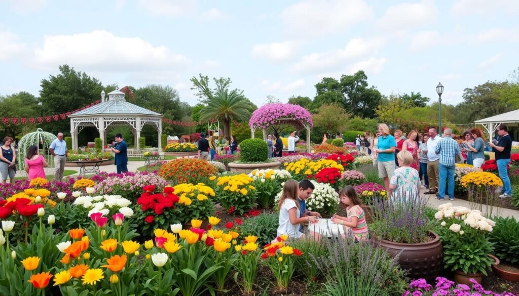 Houston Garden Tour Seasonal Events A couple walking hand-in-hand beside a lily pond at Houston Botanic Garden.