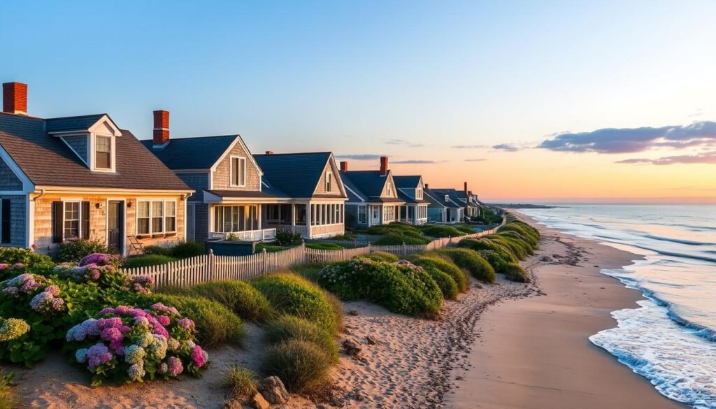Charming Nantucket cottage with wraparound porch, surrounded by hydrangeas and overlooking the sea