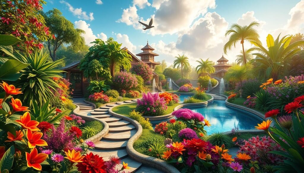 Paradise Garden Digital Landscape Colorful JPG Paradise Garden with flowers, plants, and peaceful paths.