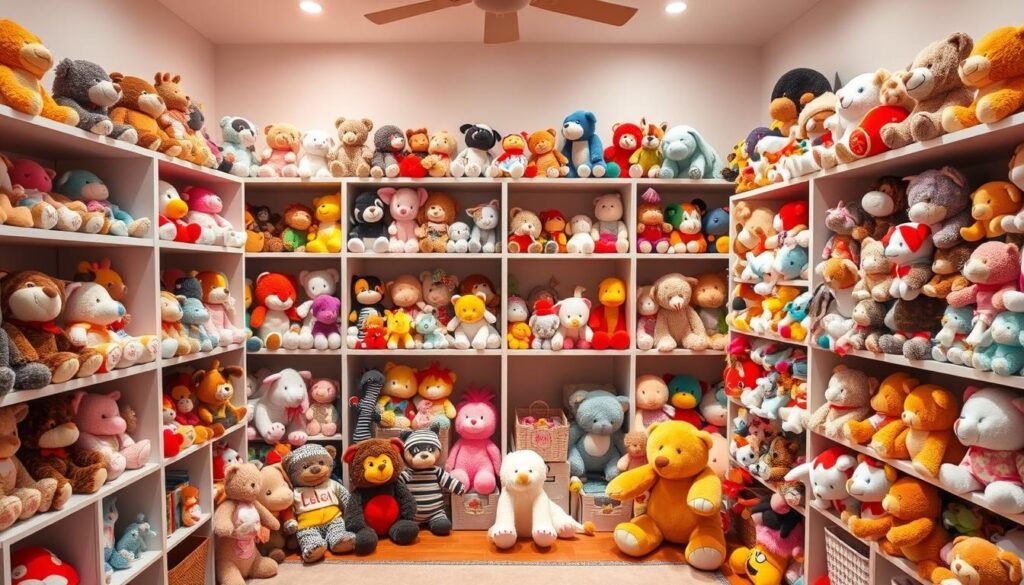 Stuffed Animal Collection Evaluation Child evaluating a large stuffed animal collection spread across a bedroom floor, choosing favorites for display or storage.