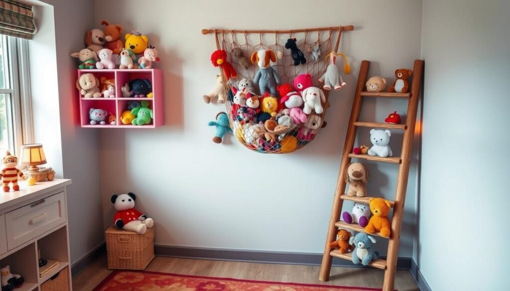Stuffed Animal Display Ideas Child placing favorite stuffed animals on a shelf while others go into a bin.