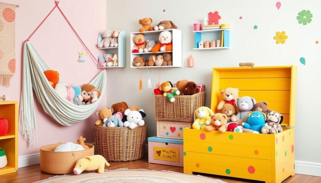 Stuffed Animal Storage Solutions Parent and child sorting stuffed animals into keep and donate piles on a bedroom rug.
