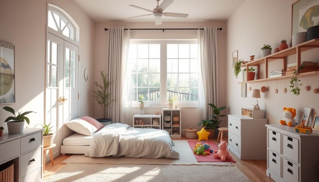 A cozy and colorful child’s bedroom arranged with Feng Shui principles — featuring soft lighting, natural materials, and balanced furniture placement to promote calm and creativity.