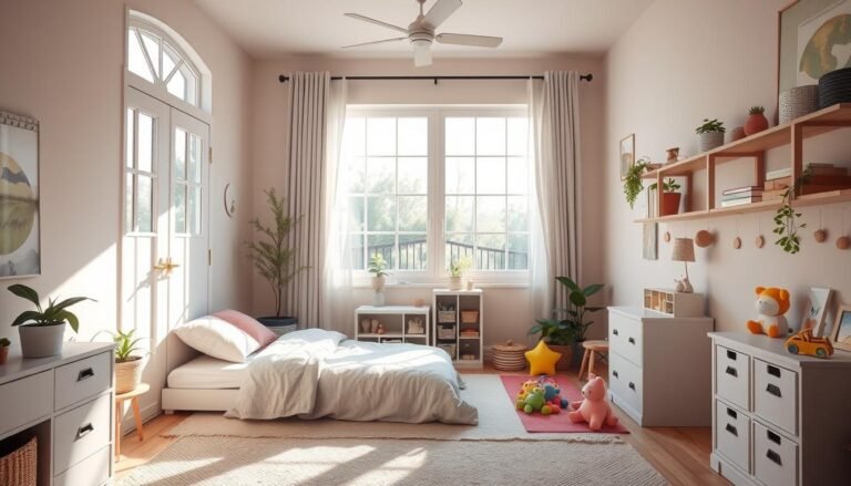A cozy and colorful child’s bedroom arranged with Feng Shui principles — featuring soft lighting, natural materials, and balanced furniture placement to promote calm and creativity.