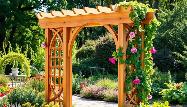Wooden garden trellis with climbing roses in a landscaped backyard.