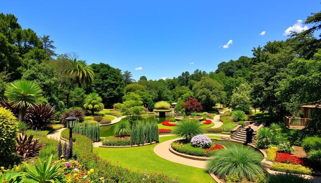 A scenic view of Houston Botanic Garden with vibrant flowers and winding pathways.