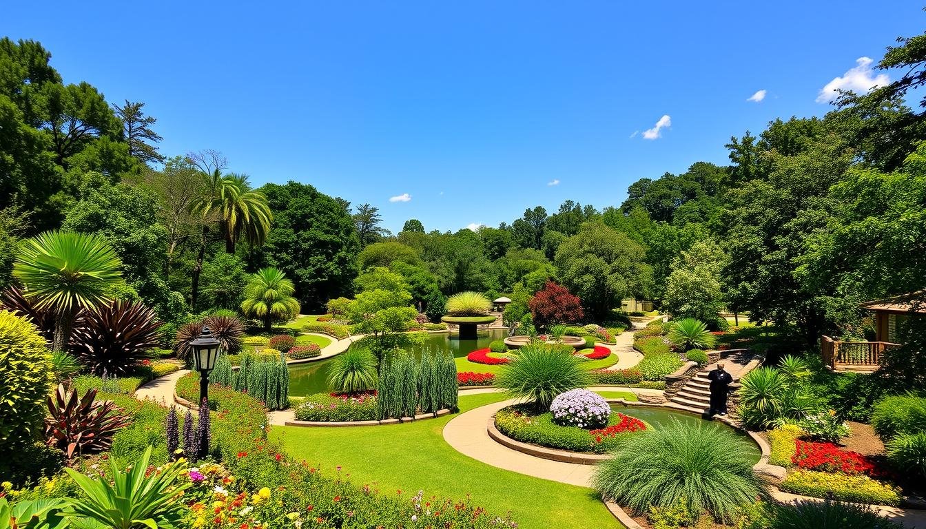 A scenic view of Houston Botanic Garden with vibrant flowers and winding pathways.