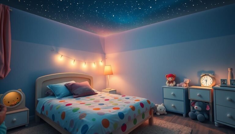 A child’s bedroom with soft lighting, a cozy bed, and stuffed animals.