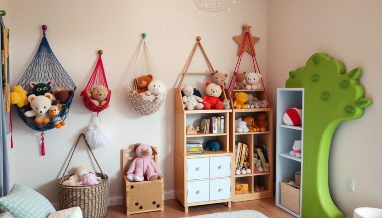 Stuffed animals stored in a mesh hammock hanging in a child's bedroom corner.