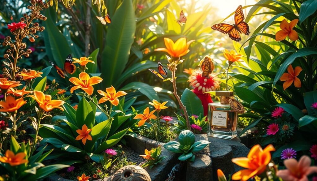 "Jean Paul Gaultier Paradise Garden perfume bottle with tropical foliage design"