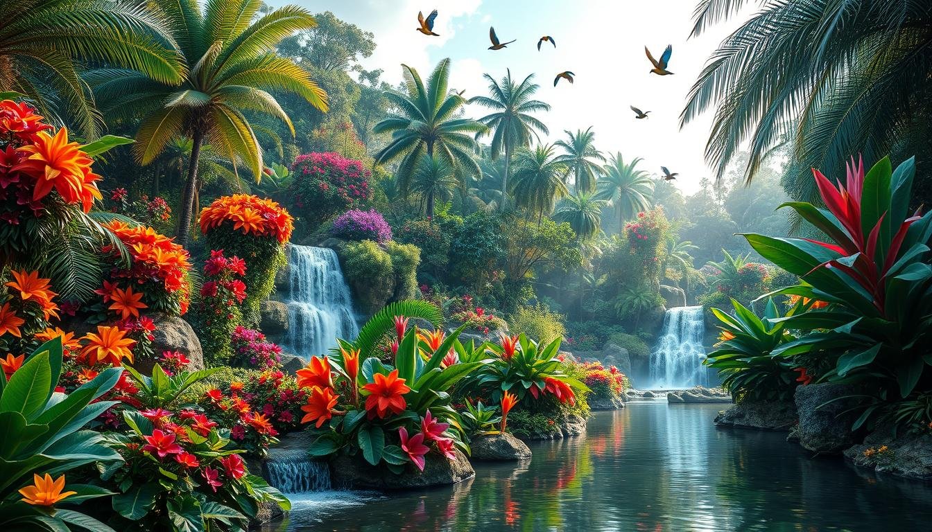 A vibrant JPG Paradise Garden filled with colorful flowers, lush greenery, and tranquil pathways, creating a serene and captivating digital garden scene.
