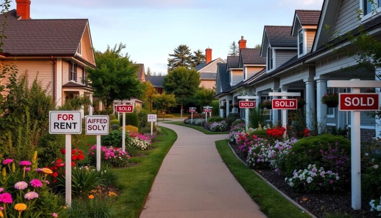 Young couple standing in front of a rent-to-own home in a quiet American suburb.