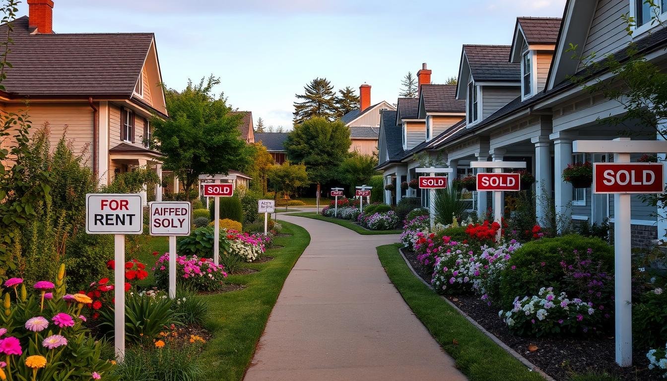 Young couple standing in front of a rent-to-own home in a quiet American suburb.