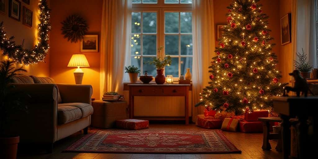 Modern Christmas living room with a minimalist tree, white and silver ornaments, and cozy holiday lights.