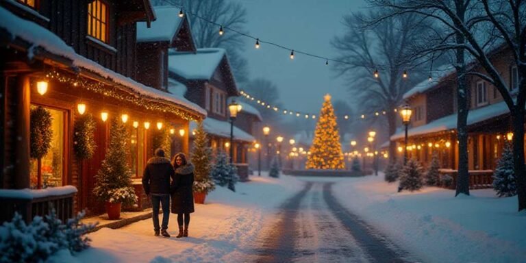 Couple watching Hallmark Christmas movie on TV with hot cocoa and holiday lights in the background