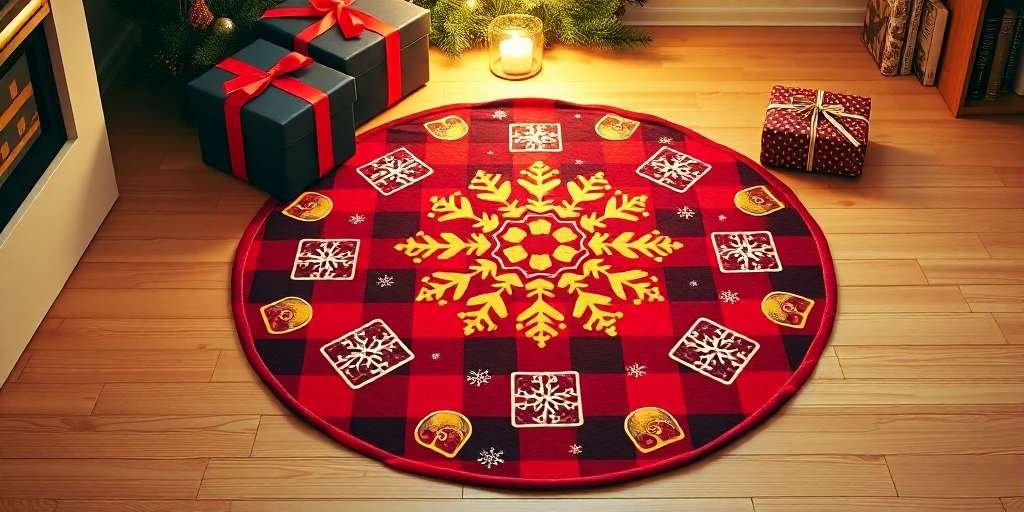 “Round flannel Christmas mat with golden snowflake pattern on soft fabric