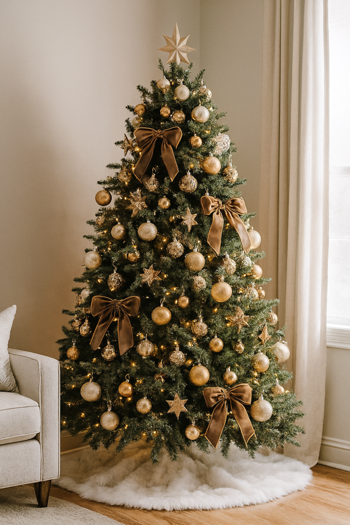 Christmas Tree Ideas Trends – featuring velvet ribbons, gold ornaments, and warm white lights in a cozy, neutral-toned living room