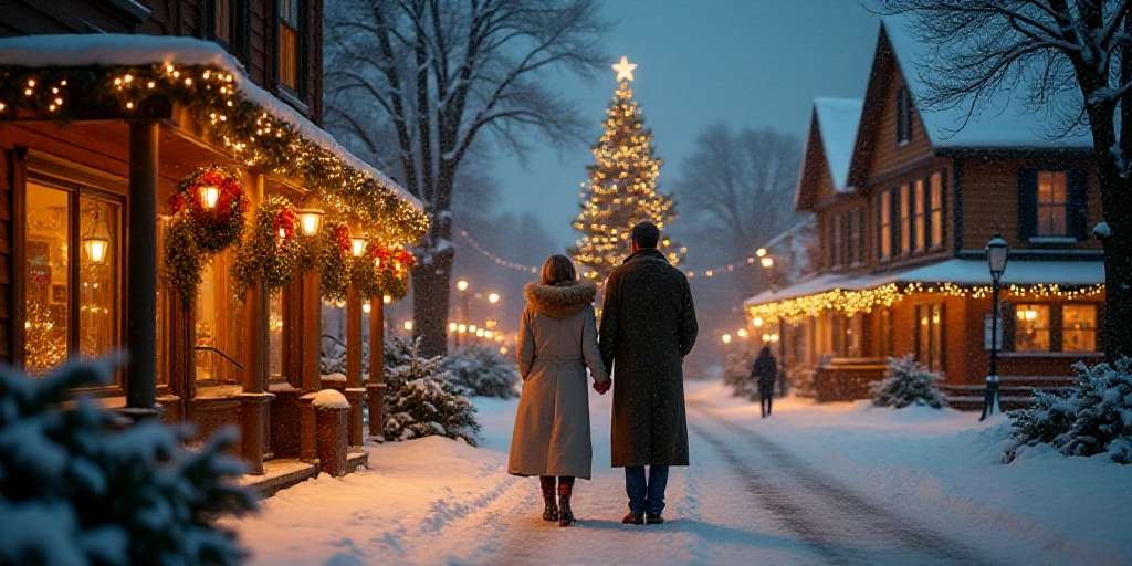 Woman wrapped in a blanket watching Hallmark Christmas movie with twinkling tree lights in the