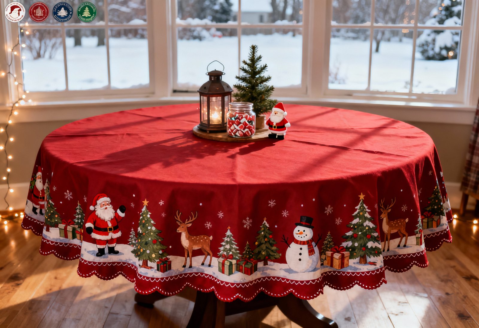 Festive Christmas tablecloth with Santa and reindeer design, machine washable