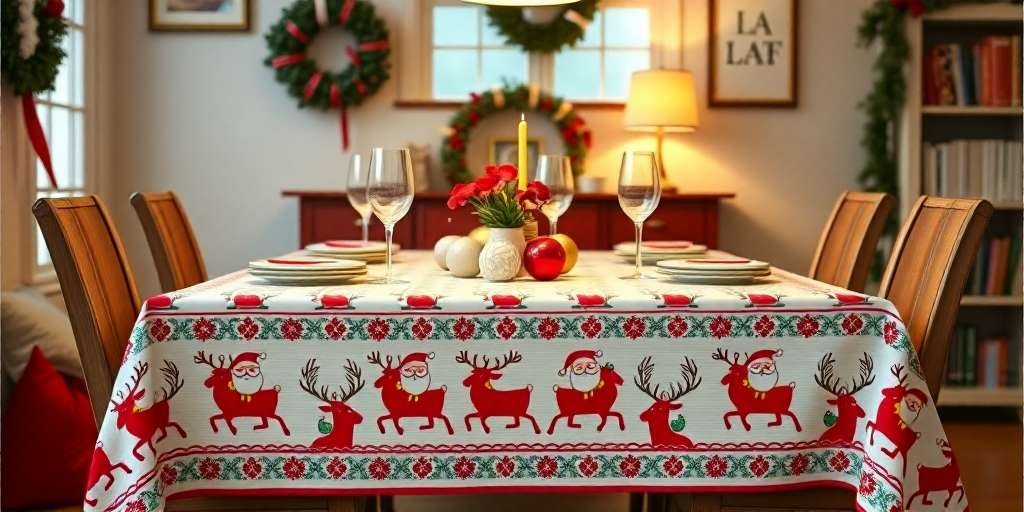 Washable holiday tablecloth with cheerful Santa and reindeer print for seasonal decor