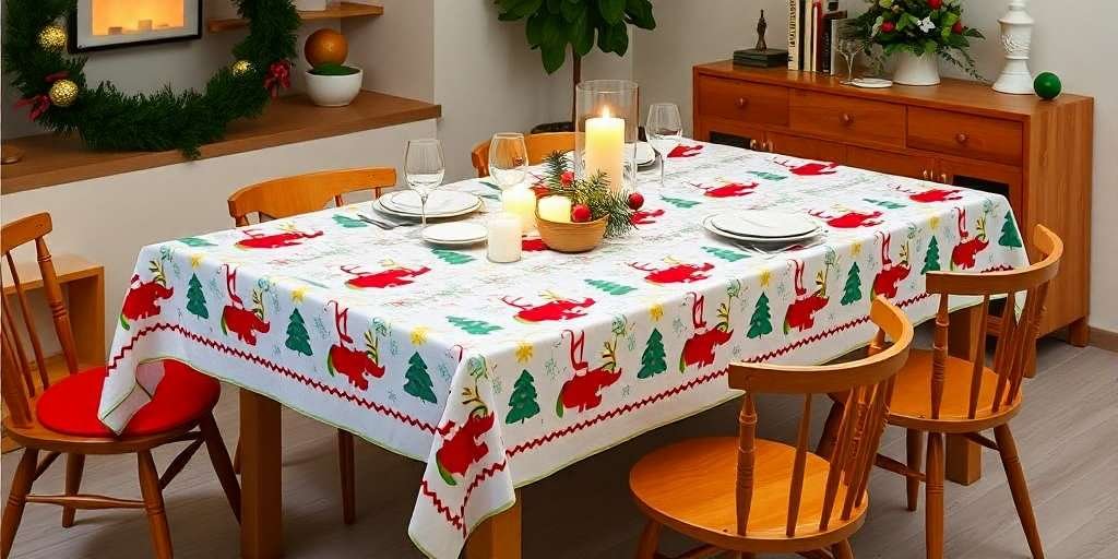 Holiday-themed tablecloth featuring jolly Santa and reindeer for family gatherings