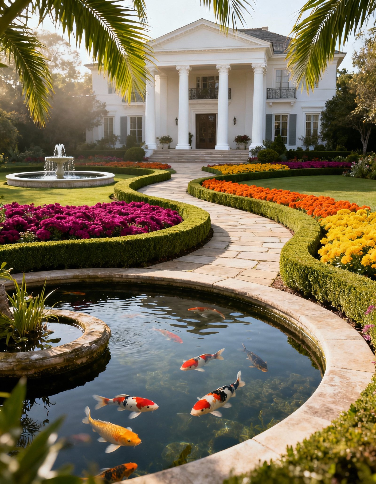 Luxurious mansion garden with elegant landscaping, water fountain, and modern outdoor seating.