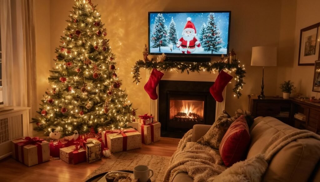 Cozy Christmas living room with decorated tree, fireplace, and TV showing Santa Claus — perfect setting for watching holiday classics on SSRMovies.