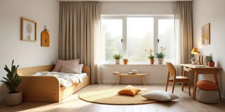 Colorful kids room featuring rainbow-themed decor, soft cushions, and a built-in reading corner.
