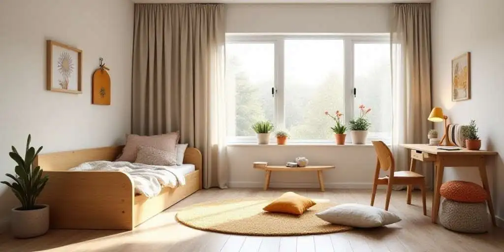 Colorful kids room featuring rainbow-themed decor, soft cushions, and a built-in reading corner.