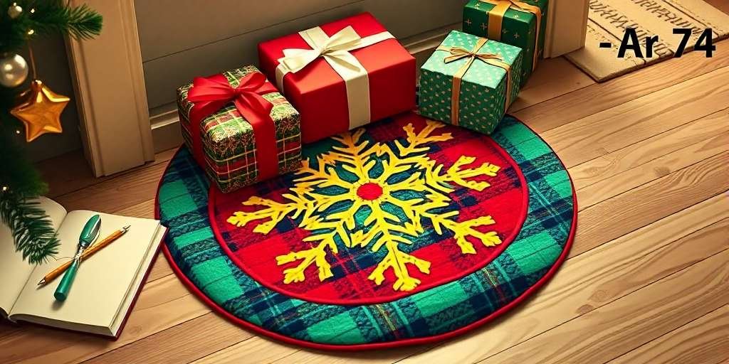 Christmas-themed round flannel rug with golden snowflake design