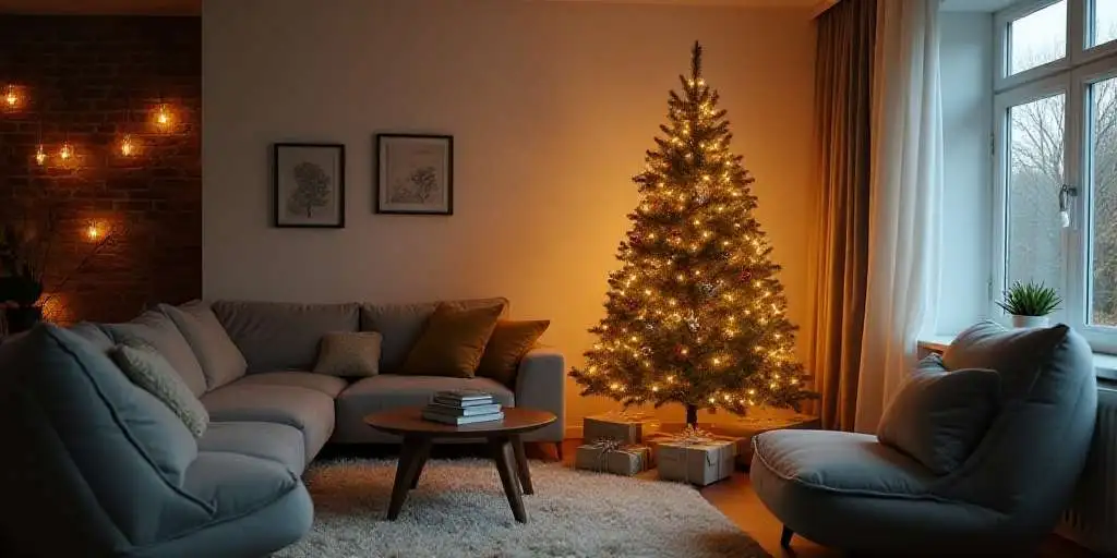 Elegant Christmas tree decorated with velvet ribbons, metallic ornaments, and warm white lights, showcasing 2025 holiday decor trends.