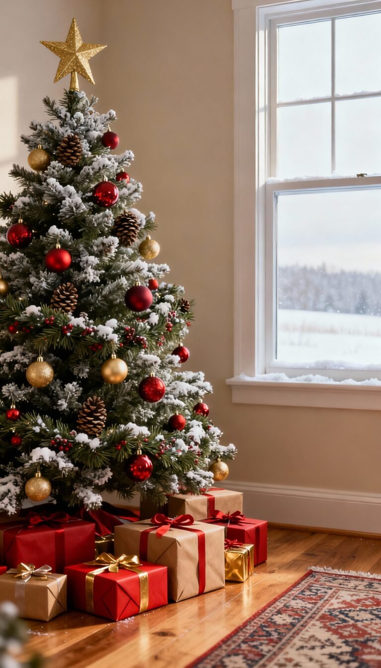 Red 5-meter Christmas ribbon fairy lights glowing on a decorated tree, adding festive sparkle and warmth."