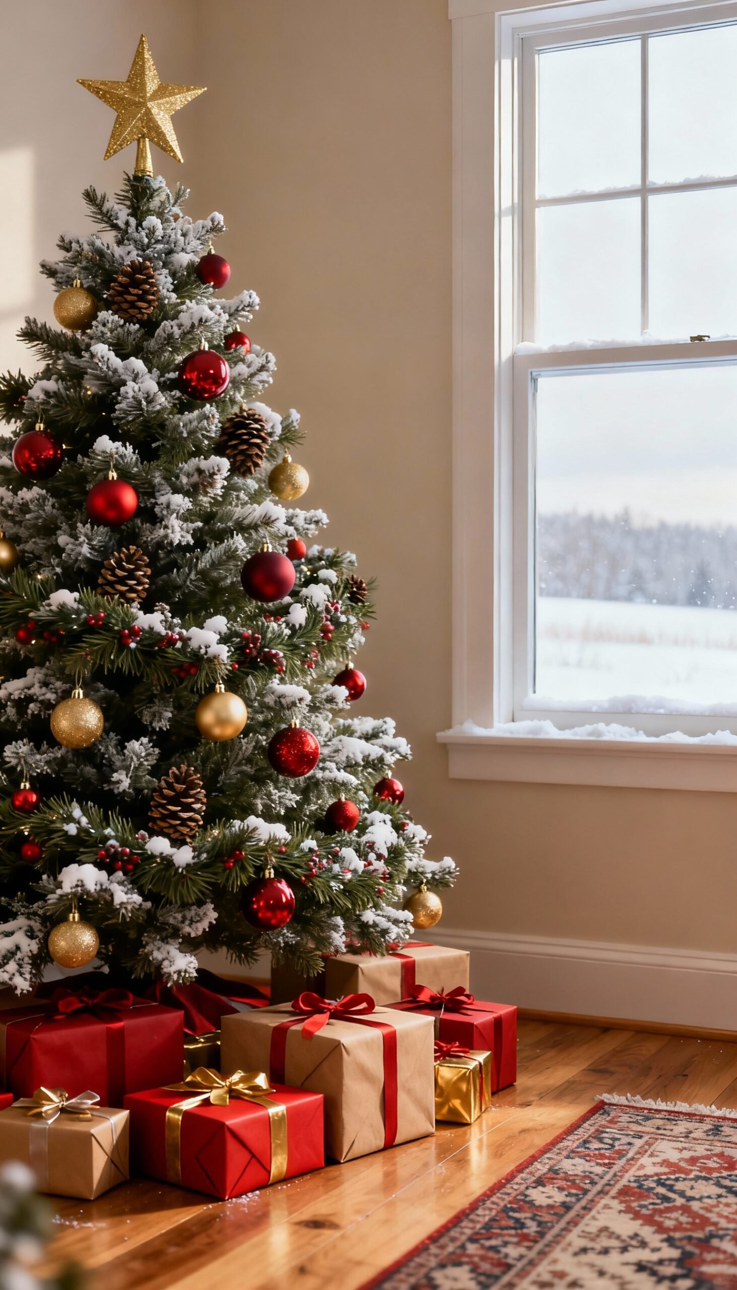 Red 5-meter Christmas ribbon fairy lights glowing on a decorated tree, adding festive sparkle and warmth."