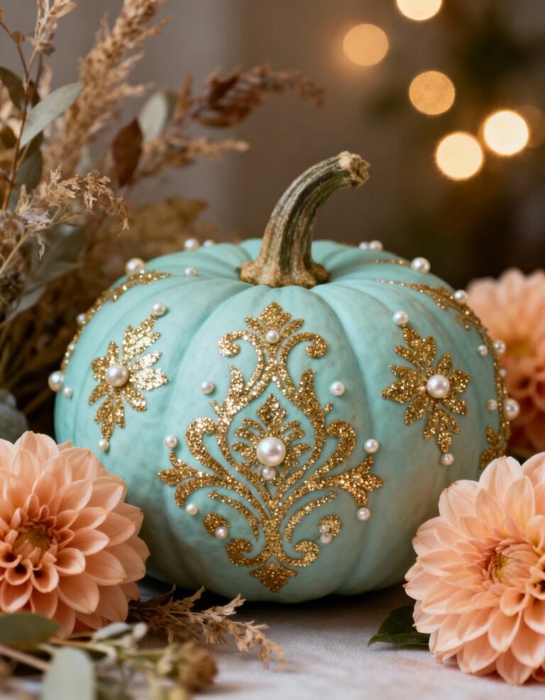 Autumn celebration backdrop with glittering pumpkins and floral decorations for seasonal parties and photos.