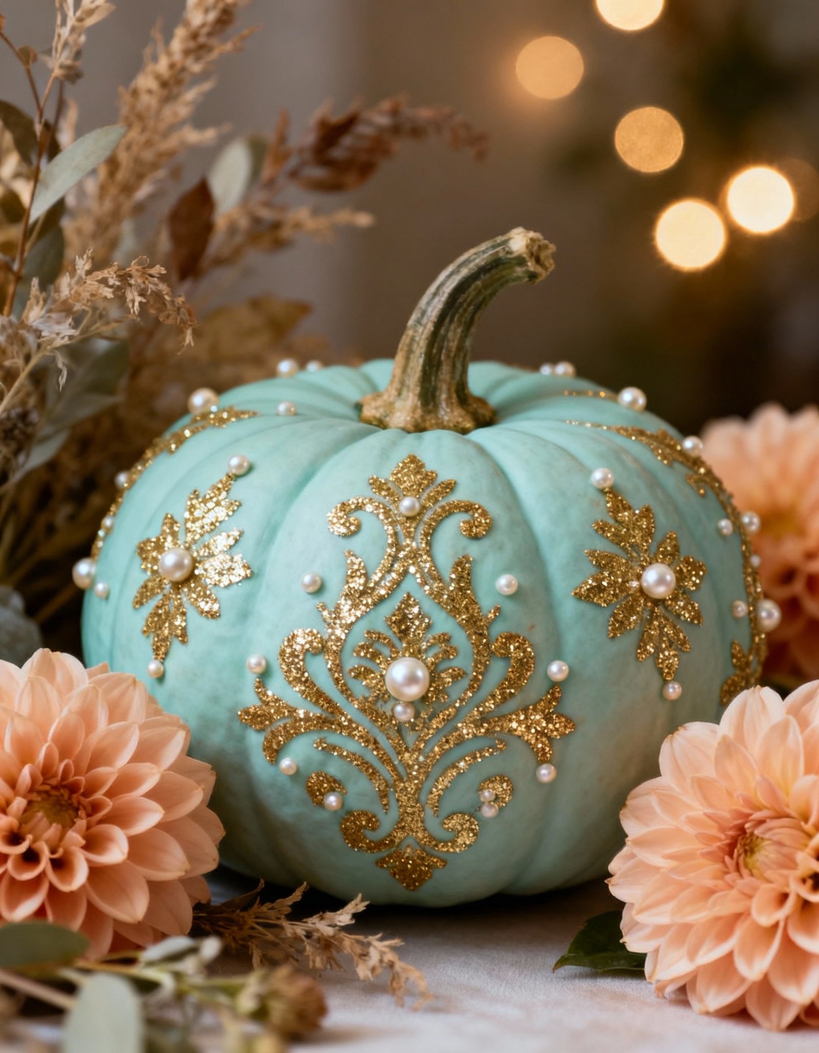 Autumn celebration backdrop with glittering pumpkins and floral decorations for seasonal parties and photos.