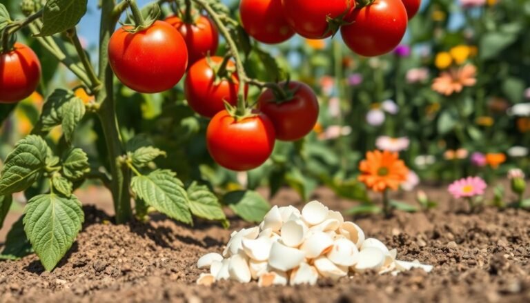 Crushedeggshells help prevent blossomadded to tomato plant soil to prevent blossom end rot naturally"