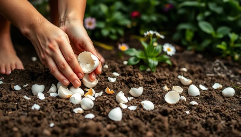 Close‑up of crushed eggshells being added to garden soil to improve structure and plant health.